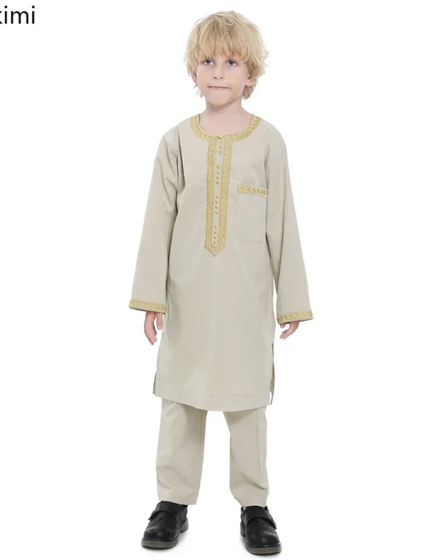 Kids Outfits  2024 Saudi Arabia Children Robe Muslim Clothes Kids Qamis Boy Thobe 2 Piece Set Islamic Clothing Men Party Abaya Kaftan