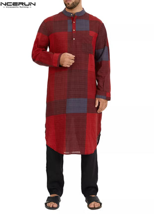 Men Tunic Muslim Men Islamic Kaftan Long Sleeve Stand Collar Plaid Vintage Casual Robes Streetwear Cotton Caftan Men Jubba Thobe