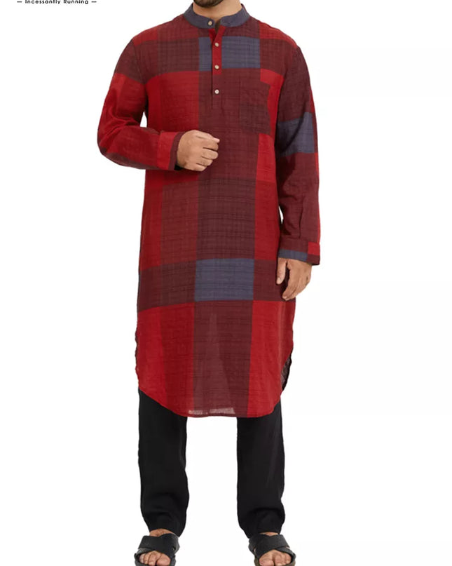 Men Tunic Muslim Men Islamic Kaftan Long Sleeve Stand Collar Plaid Vintage Casual Robes Streetwear Cotton Caftan Men Jubba Thobe