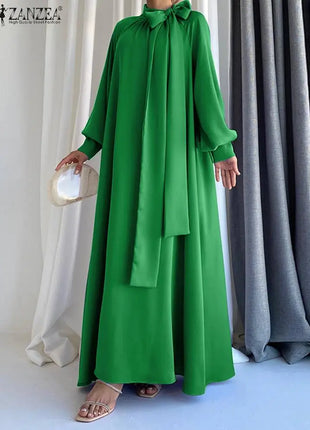 ZANZEA Fashion Tie Neck Maxi Dress Women Casual Loose Long Puff Sleeve Long Robes 2023 Autumn Solid Vestidos Holiday Party Dress