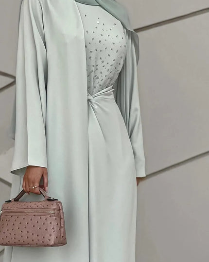 Dress New Spring Muslim Dress Abaya Sets Women 3 Piece Nida Beading A-line Maxi Kimono Jubah Robe Abayas Vestidos Islamic Clothing