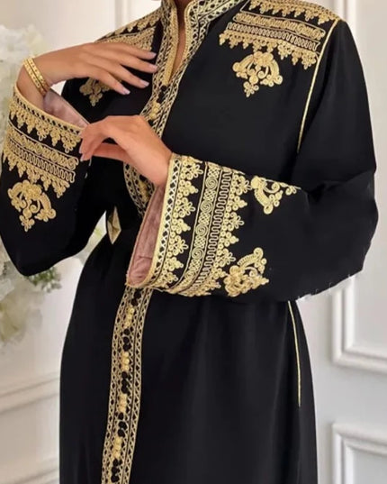 Dress Moroccan Caftan Women Gold Applique Beaded Stand Collar Abaya For Wedding Party Dubai Middle Kaftan Long Sleeves With Belt