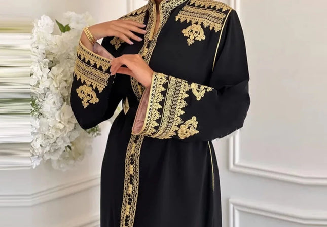 Dress Moroccan Caftan Women Gold Applique Beaded Stand Collar Abaya For Wedding Party Dubai Middle Kaftan Long Sleeves With Belt