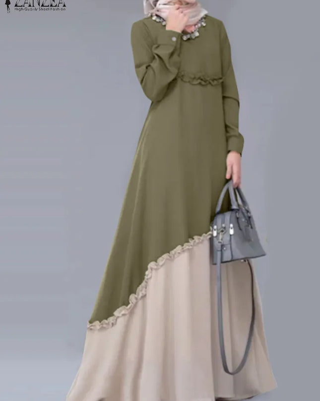 Dress O-Neck Long Sleeve Contrast Color Islamic Clothing Vestidos Women Muslim Dress Elegant Casual Loose Abaya Hijab Robe 2023