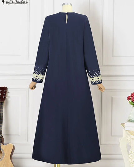 Dress Women Vintage Floral Printed Maxi Dress Autumn Long Sleeve Kaftan Muslim Sundress Robe Femme Ramadan Islamic Clothing