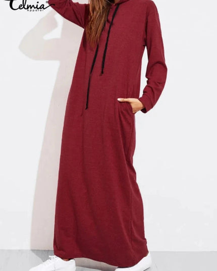 Dress Celmia 2023 Women Maxi Dress Autumn Fashion Vintage Hooded Dress Sweatshirt Winter Long Sleeve Hoodies Winter Vestido Robe Femme