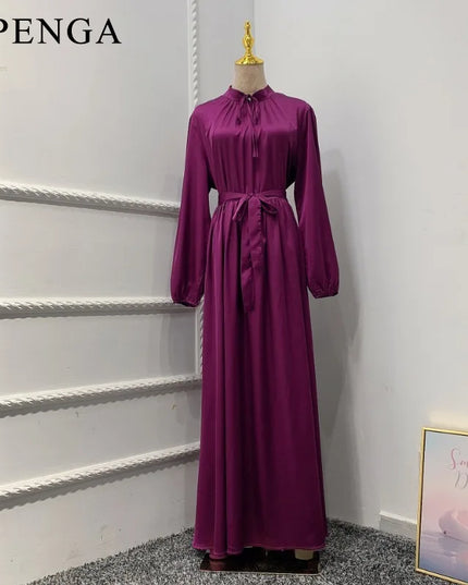 Hijab Satin Dress Ramadan Muslim Fashion Belted Abaya Dubai Turkey Arabic African Maxi Dresses for Women Islam Clothing Robes