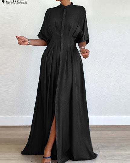 ZANZEA Women Short Sleeve Buttons Shirtdress Fashion Waisted Maxi Dress Vintage Solid Stand Collar Streetwear Pleated Long Robes