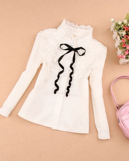 Kids Outfits Spring Fall Cotton Ruffles Blouses for Children Teenage School Girls Bow Pure White Shirts Toddler Long Sleeve Tops Baby Clothes