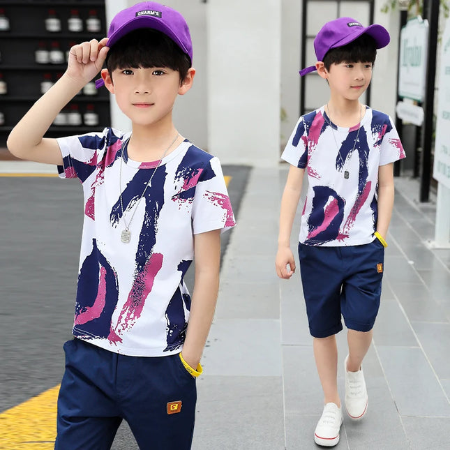 Kids outfits Boys Kids 2023 New summer outfits Cotton Teenage Boys Clothing casual Suit Children Short Sleeve Shirt Shorts Set 4 6 8 12 Years