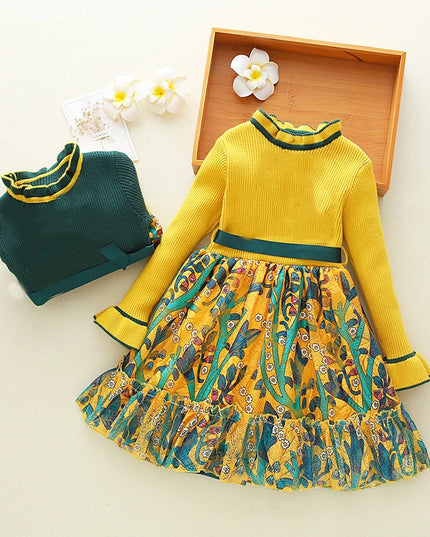 Babies outfits  Girls Cute Sweater Dress  Spring Autumn Girl Party Princess For Kids Sweet Flowers Long Sleeve Dress For 2-10Year