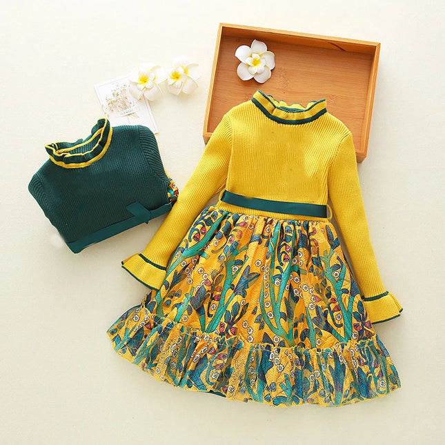 Babies outfits  Girls Cute Sweater Dress  Spring Autumn Girl Party Princess For Kids Sweet Flowers Long Sleeve Dress For 2-10Year