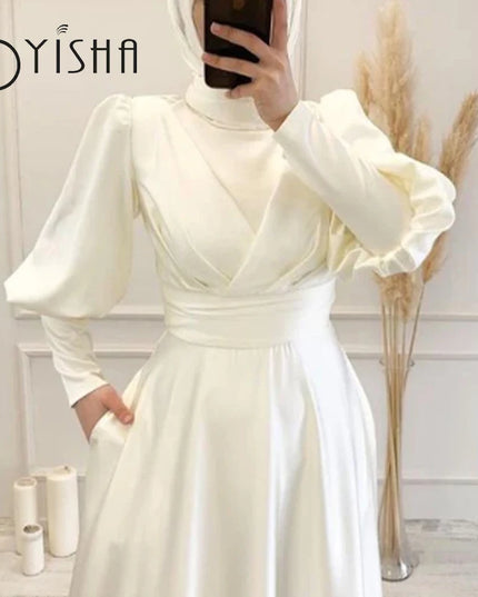 Wedding Gown OYISHA 2023 Simple Satin A-Line Robe De Mariée Elegant High Neck Lantern Sleeves Bridal Gowns Muslim Wedding Gown For Brides