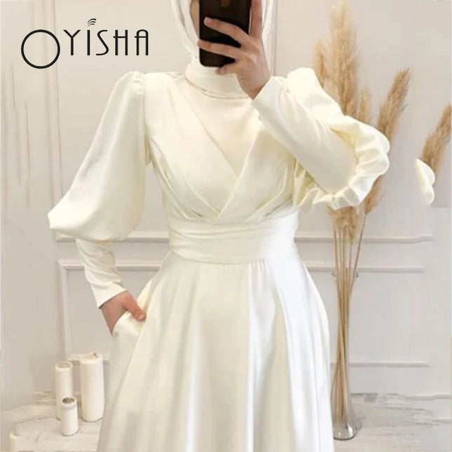 Wedding Gown OYISHA 2023 Simple Satin A-Line Robe De Mariée Elegant High Neck Lantern Sleeves Bridal Gowns Muslim Wedding Gown For Brides