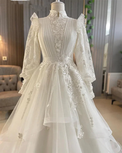 Wedding Gown-Graceful High Neck Muslim Wedding Gown For Women Puff Sleeve Arabic Dubai Lace Applique Bridal Gowns Robe De Mariage 2024