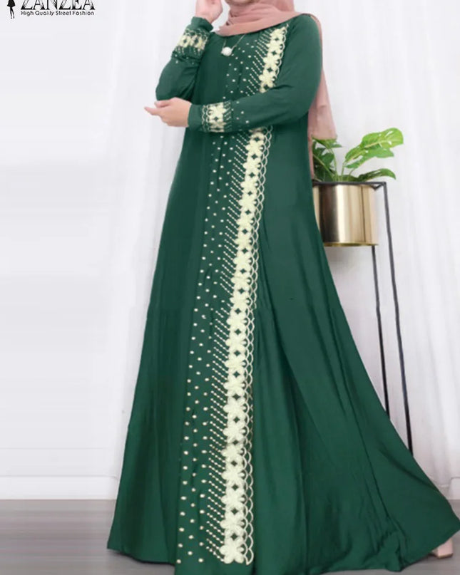 Dress Women Vintage Floral Printed Maxi Dress Autumn Long Sleeve Kaftan Muslim Sundress Robe Femme Ramadan Islamic Clothing