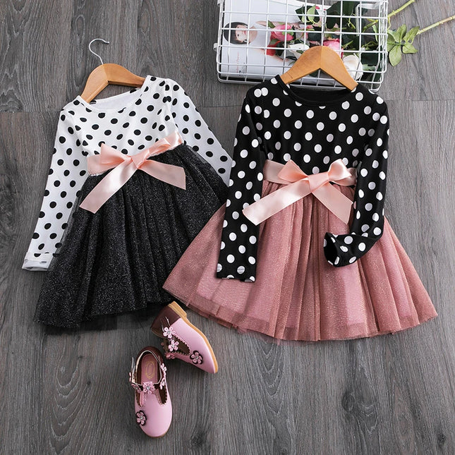 Babies outfit Long Sleeve Dress For Girl Polka Dot Bow Kid Clothes 2 3 4 5 6 Year Baby Tutu Birthday Outfit Party Wear Summer Dress Cloth