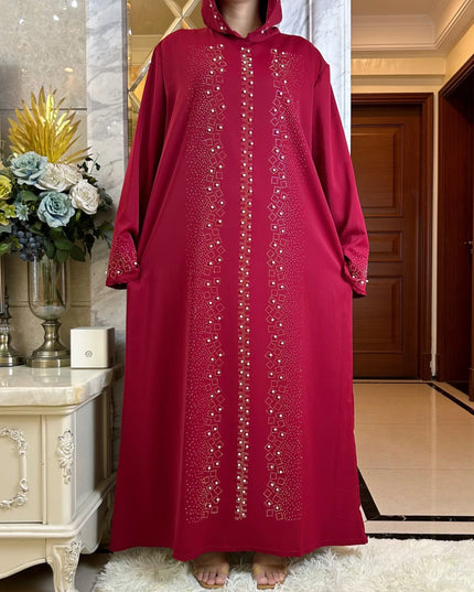 Abaya Muslim Maxi Long Sleeve Dress With Cap Women Diamond Arab Dubai Islamic Clothing Autumn New Loose Casual Turkey Robe