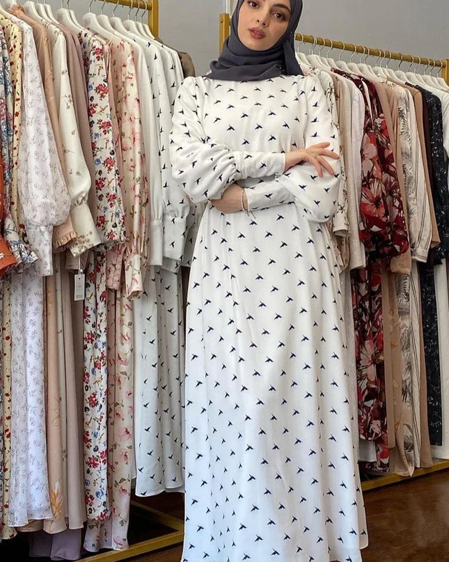 Dress Arabic Hijab Muslim Women Nida Abaya Dubai Bird Print White Summer Maxi Dresses Islamic Clothing Eid Kaftan Robe Musulmans