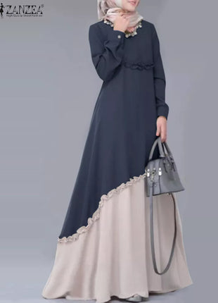 Dress O-Neck Long Sleeve Contrast Color Islamic Clothing Vestidos Women Muslim Dress Elegant Casual Loose Abaya Hijab Robe 2023