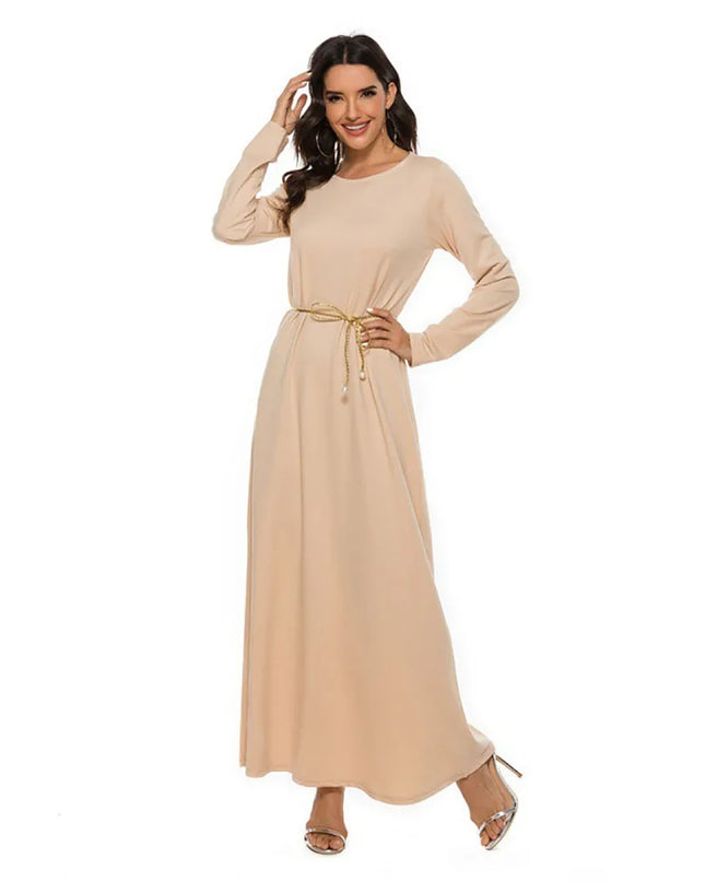 Women's Muslim Basic Liturgy  Abaya Long Sleeve Inner Cloth Round Neck Ladies Dress Middle Eastern Dubai Turkey Solid Daily Robe