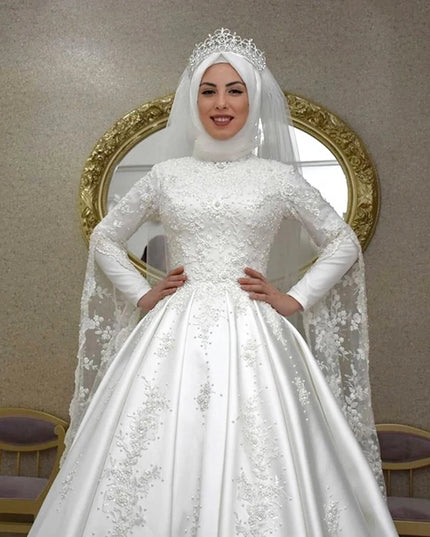 Wedding Gown - A Line High Neck Long Sleeves Arabic Islamic Brial Gowns Lace Appliques Beaded Vestido De Noiva