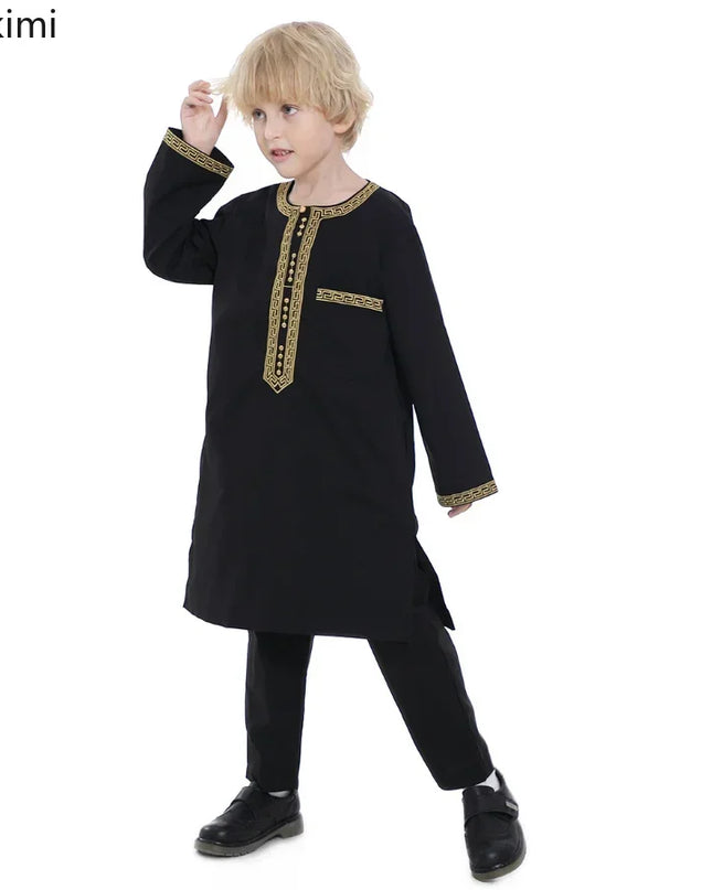 Kids Outfits  2024 Saudi Arabia Children Robe Muslim Clothes Kids Qamis Boy Thobe 2 Piece Set Islamic Clothing Men Party Abaya Kaftan