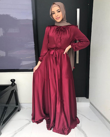 Dress Kimono Muslim Elegant Satin Dress-Casual Dubai Style