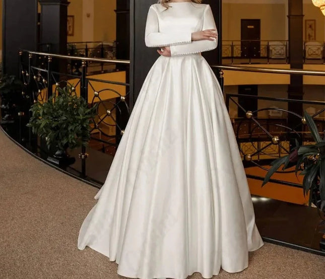 Wedding Gown OYISHA O-Neck Satin Muslim Wedding Gown Simple Long Sleeves A-Line Luxury Bridal Gown For Woman Exquisite Vestido De Mariages