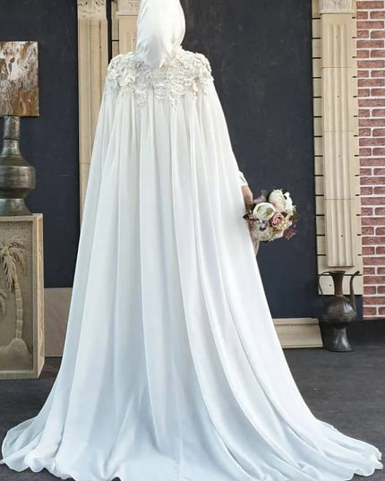 Wedding Gown-Graceful High Neck  2023 For Women A Line Chiffon Cape Lace Appliques Dubai Arabic Bridal Gowns With Hijab