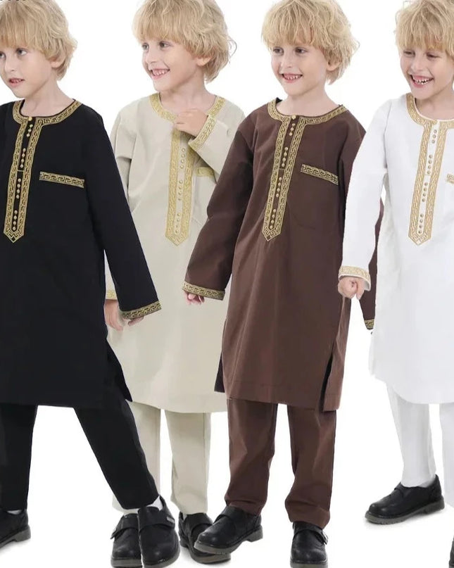 Kids Outfits  2024 Saudi Arabia Children Robe Muslim Clothes Kids Qamis Boy Thobe 2 Piece Set Islamic Clothing Men Party Abaya Kaftan