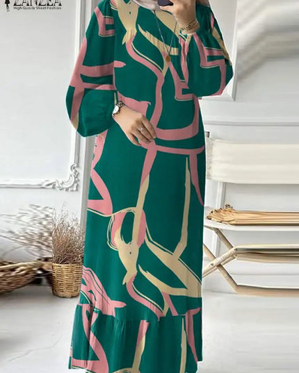 Dress Bohemian Muslim Long Dress Autumn Floral Sundress Fashion Printed Abaya Women Long Sleeve Robe Vestidos Islamic Clothing