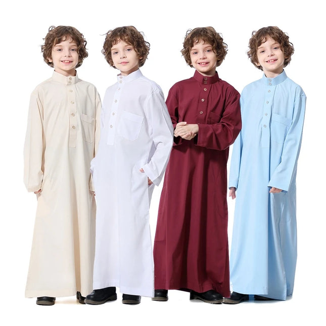 Kids Outfit Teenagers Muslim Clothing Middle East Abaya Thobe Long Sleeves Stand Collar Muslim Kaftan Boy Robe Children Caftan