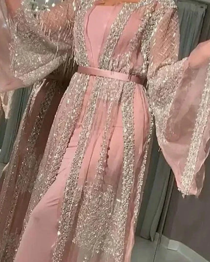 Dress Luxury Kimono Kaftan Robe Dress Abaya Caftan Marocain Dubai Islam Hijab Muslim Qatar Oman Turkey Clothing 2 Pices