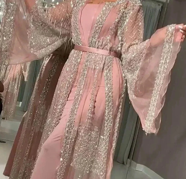 Dress Luxury Kimono Kaftan Robe Dress Abaya Caftan Marocain Dubai Islam Hijab Muslim Qatar Oman Turkey Clothing 2 Pices