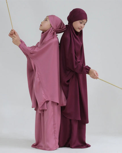 Kids Outfits Prayer Garment Muslim Girls Long Khimar Hijab Turkey Abaya Islamic Skirt Set Full Cover Robe Ramadan