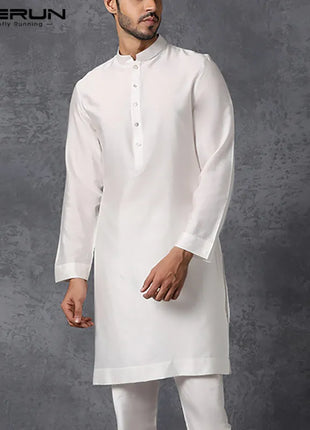 Men Tunics Muslim Shirt Stand Collar Long Sleeve Islamic Arab Kaftan Solid Color Streetwear Casual Long Shirts Men Clothing 5XL