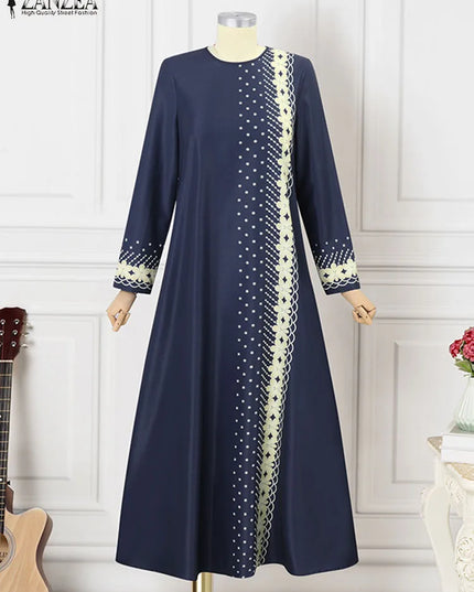 Dress Women Vintage Floral Printed Maxi Dress Autumn Long Sleeve Kaftan Muslim Sundress Robe Femme Ramadan Islamic Clothing