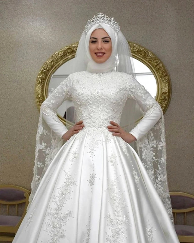 Wedding Gown - A Line High Neck Long Sleeves Arabic Islamic Brial Gowns Lace Appliques Beaded Vestido De Noiva