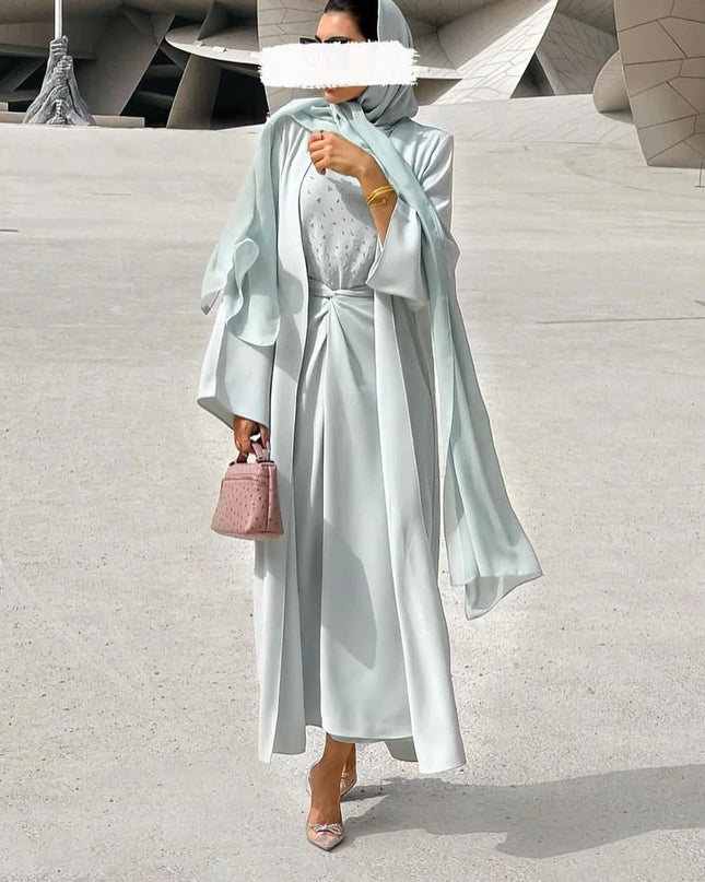 Dress New Spring Muslim Dress Abaya Sets Women 3 Piece Nida Beading A-line Maxi Kimono Jubah Robe Abayas Vestidos Islamic Clothing