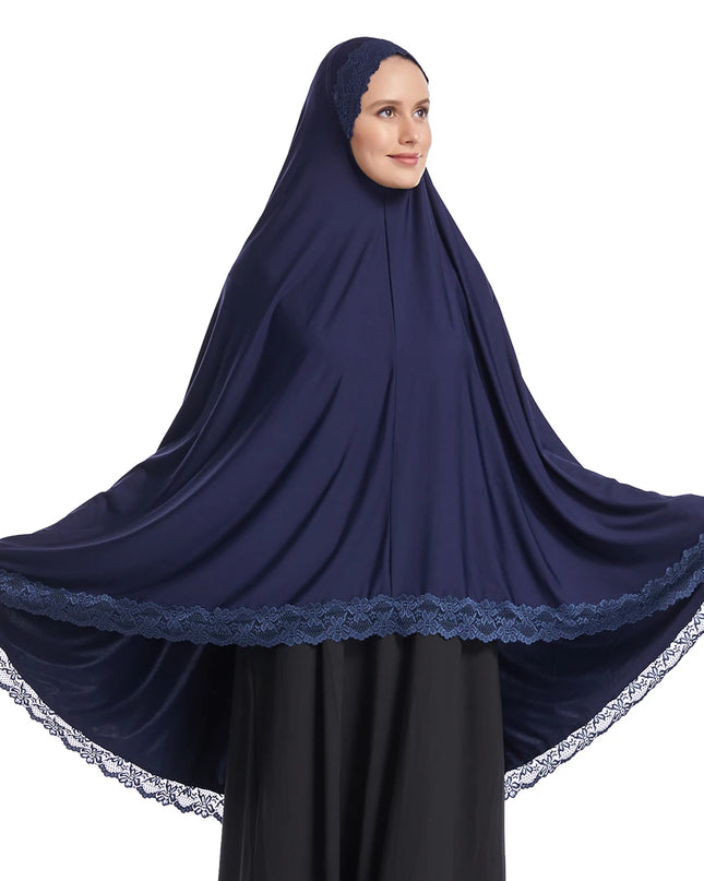 Hijab Women Muslim Prayer Long Khimar Lace Trim Stretchy Hijab Islamic Veils Headcover Dubai Turk Hijabi Head Cover (No Under Dress)