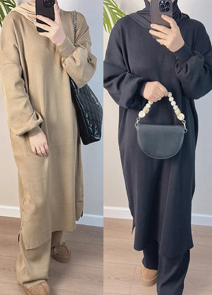 2 Piece Set for Women Knitted Sweater Dress & Wide Leg Pant Morocco Dubai Winter Abaya Vestidos Long Robe