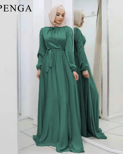 Hijab Satin Dress Ramadan Muslim Fashion Belted Abaya Dubai Turkey Arabic African Maxi Dresses for Women Islam Clothing Robes