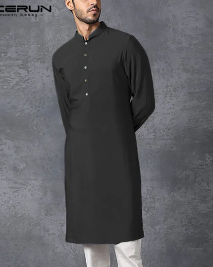 Men Tunics Muslim Shirt Stand Collar Long Sleeve Islamic Arab Kaftan Solid Color Streetwear Casual Long Shirts Men Clothing 5XL