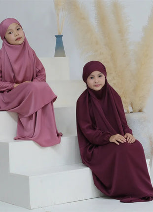 Kids Outfits Prayer Garment Muslim Girls Long Khimar Hijab Turkey Abaya Islamic Skirt Set Full Cover Robe Ramadan