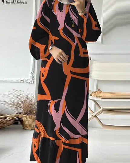 Dress Bohemian Muslim Long Dress Autumn Floral Sundress Fashion Printed Abaya Women Long Sleeve Robe Vestidos Islamic Clothing