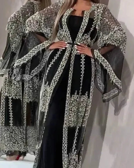 Dress Luxury Kimono Kaftan Robe Dress Abaya Caftan Marocain Dubai Islam Hijab Muslim Qatar Oman Turkey Clothing 2 Pices