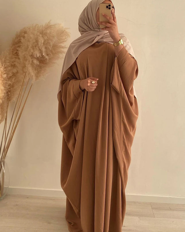 Jilbab-Prayer Dress Batwing Sleeves Islamic Abaya Dubai Turkish Muslim Jilbabs Ramadan Eid Hijabi Outfit Jilbeb Solid Color (No Scarf)