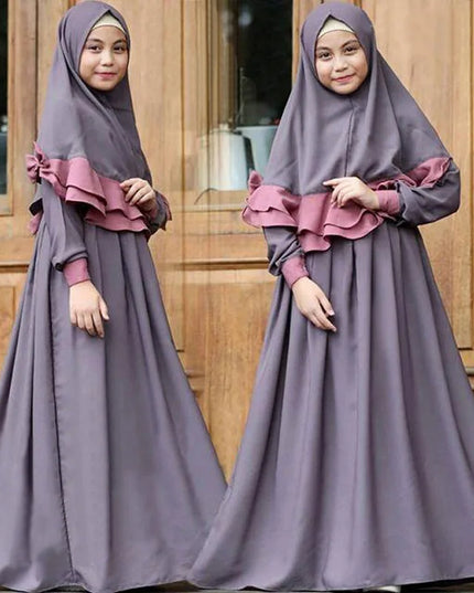 Kids Outfits- Girls 2 Piece Sets Muslim Girls Dress Hijab Abaya Robe Arab Dubai Children Ramadan Kaftan Headscarf Islamic Eid Khimar Abayas Set