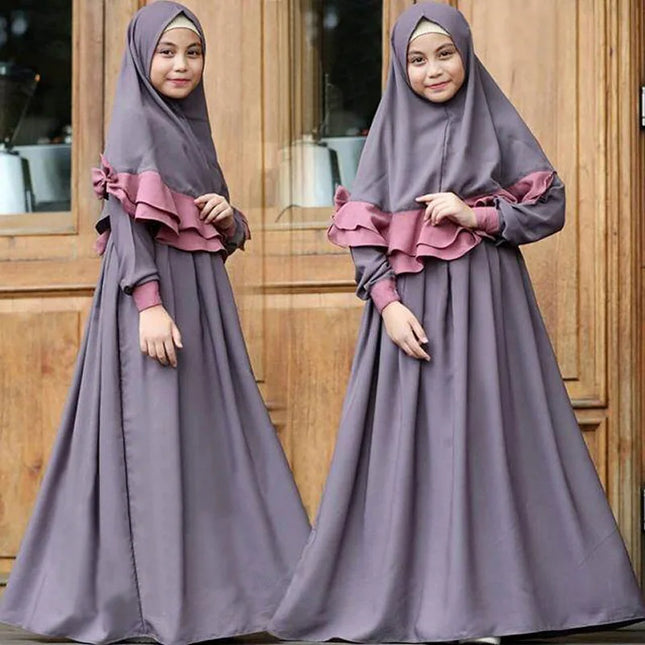 Kids Outfits- Girls 2 Piece Sets Muslim Girls Dress Hijab Abaya Robe Arab Dubai Children Ramadan Kaftan Headscarf Islamic Eid Khimar Abayas Set